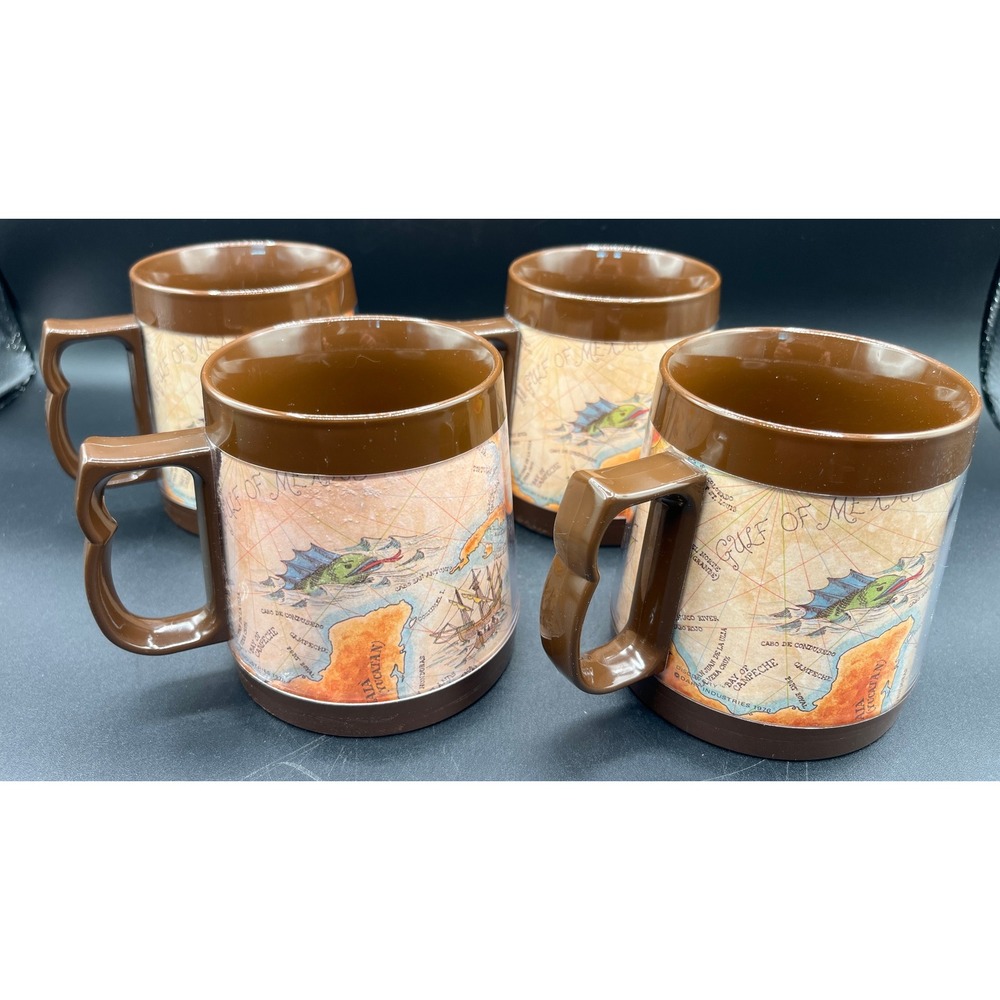 Thermo-Serv Nautical Map Insulated Mugs Set of 4 Brown Plastic Retro Vtg 1976